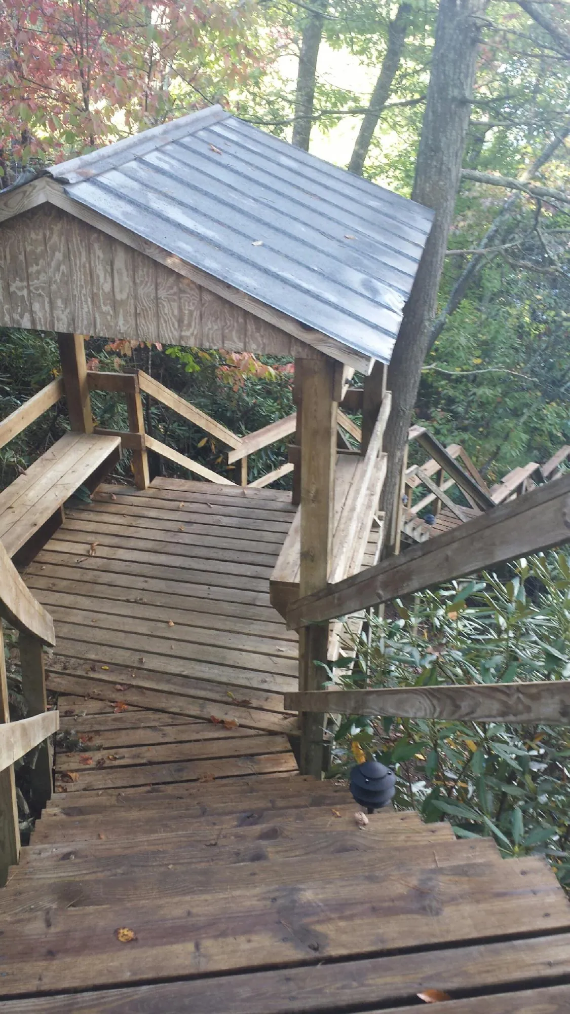 Metal roofed shelter over wooden steps on a wooded walkway — Skylight Repair & Installation work by our crew in Philipsburg